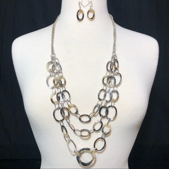 Fashion Jewelry Jewelry - 3 Row Long Tortoise Shell Necklace Earrings Set